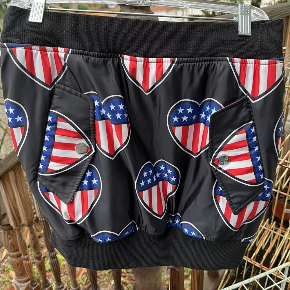 Love Moschino Heart American Flag Mini Skirt Sz S 4 40 Black Blue Red Italy Zip